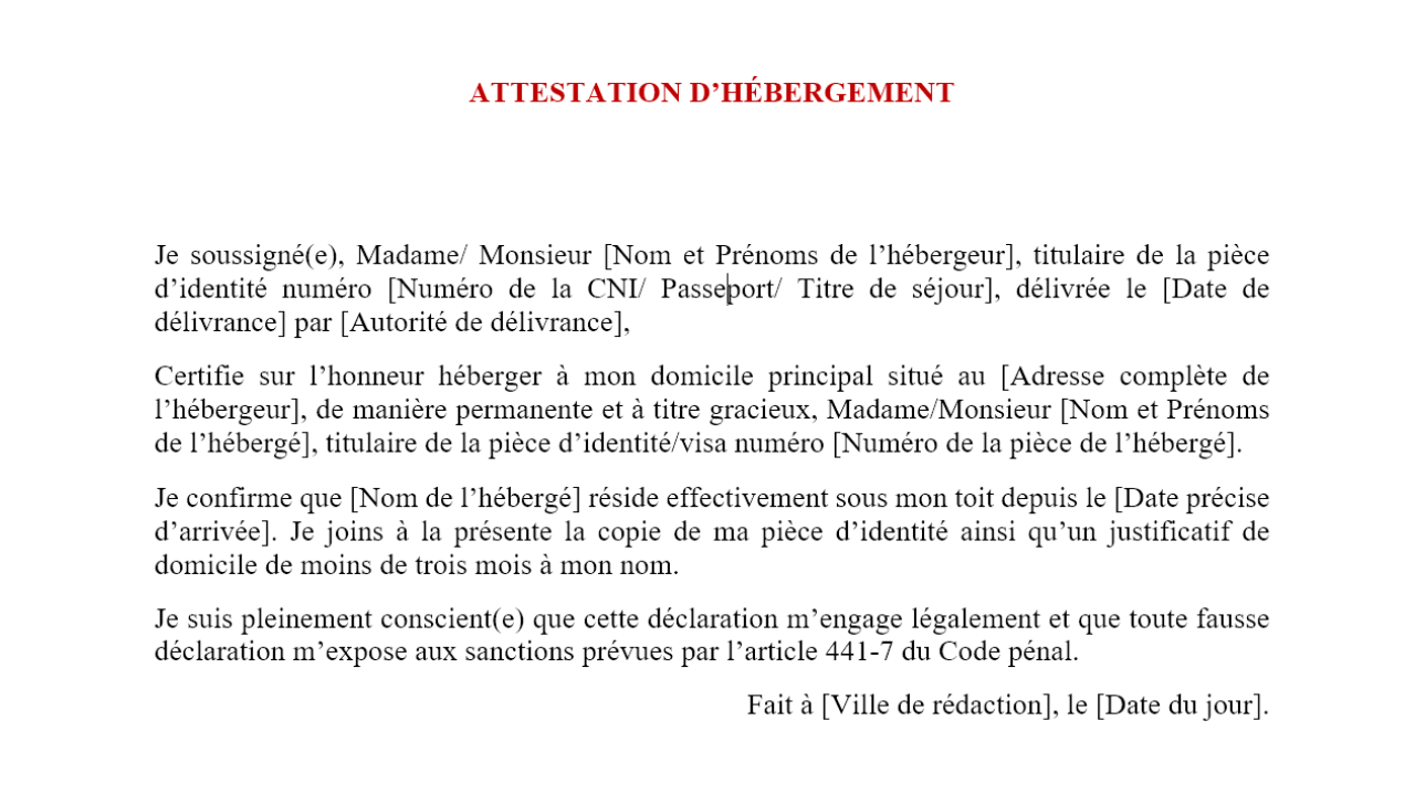 Attestation d’hébergement